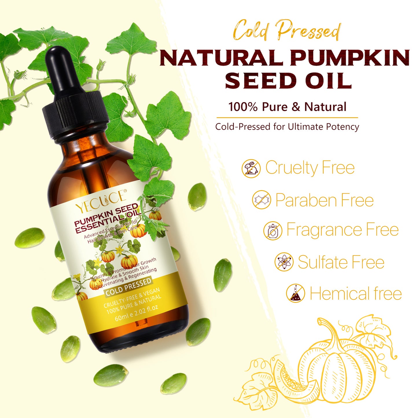 Yecuce Pumpkin Seed Oil for Hair Growth - Pure Organic Natural Cold Pressed Hydrating & Repairing Dry, Damaged Hair, Skin Care