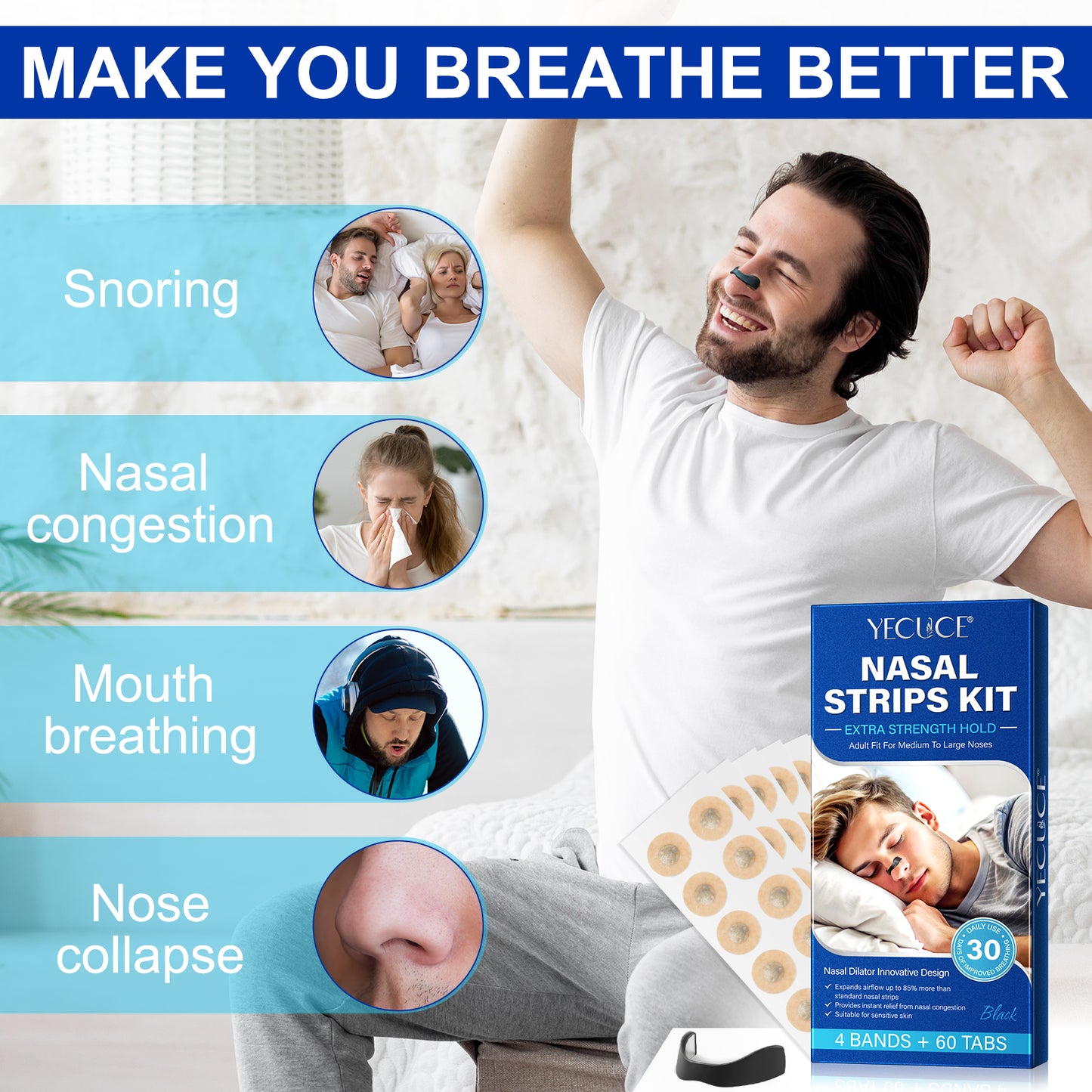 Yecuce NASAL STRIPS KIT,EXTRA STRENGTH HOLD,ADULT FIT FOR MEDIUM TO LARGE NOSES 30pairs