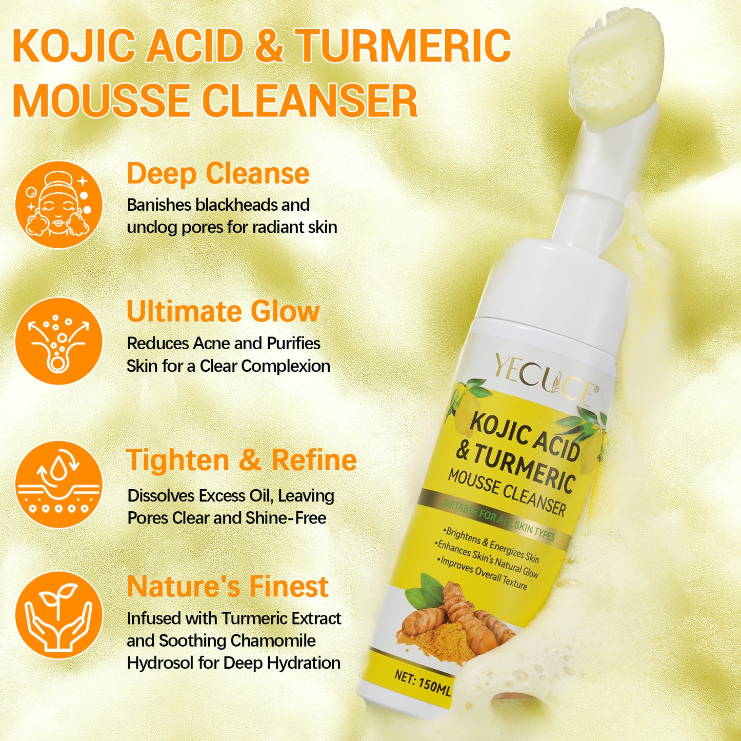 Yecuce Turmeric Cleansing Mousse,Kojic Acid Facial Cleanser for Fce Wash and Firming Skin,Remove Excess Keratin-Deep Clean Pores 150ML