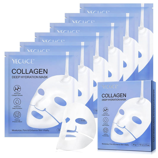 Yecuce Collagen Face Mask 6P, Collagen Hydrogel Mask, Moisturize, Firm & Enhance Skin Vitality, Pore Minimizing, Elasticity Improvement 6 Packs