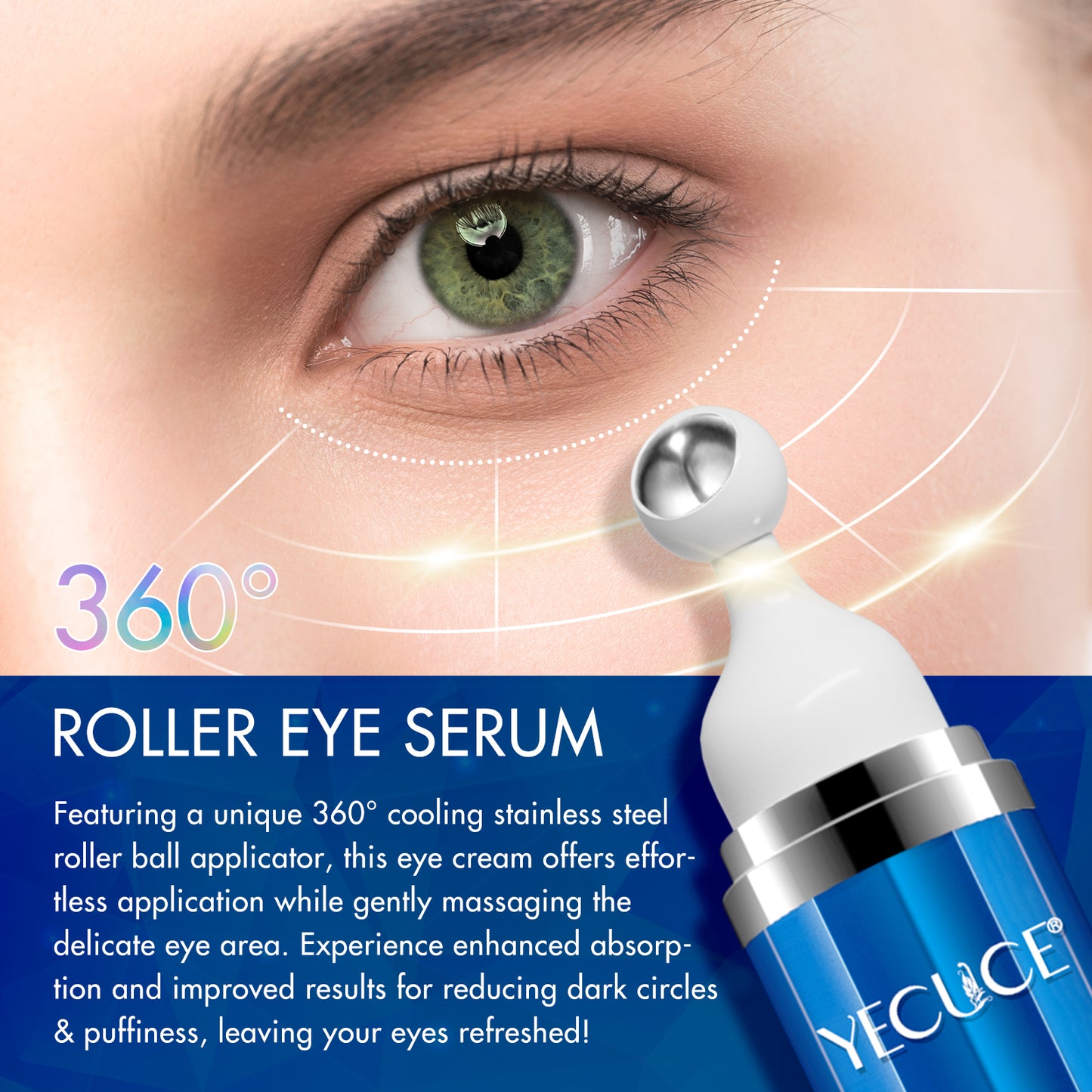 Yecuce 5% Caffeine Eye Serum Anti Aging,Under Eye Roller Serum Reduce Dark Circles, Puffiness, Fine Lines, Wrinkles 360° Massage Ball Eye Treatment Serum Eye Balm for Late Nights, Overtime