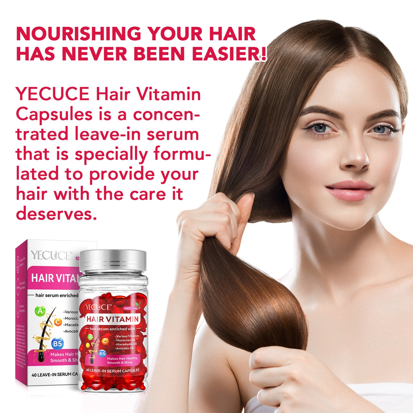 Yecuce Hair Treatment Serum 40PCS, Hair Vitamins Capsule, Hair Styling Serum for Frizzy & Dry Hair, Styling & Moisturizing Oil Capsules with Avocado Oils, Leave-in Anti Frizz Conditioner Capsules