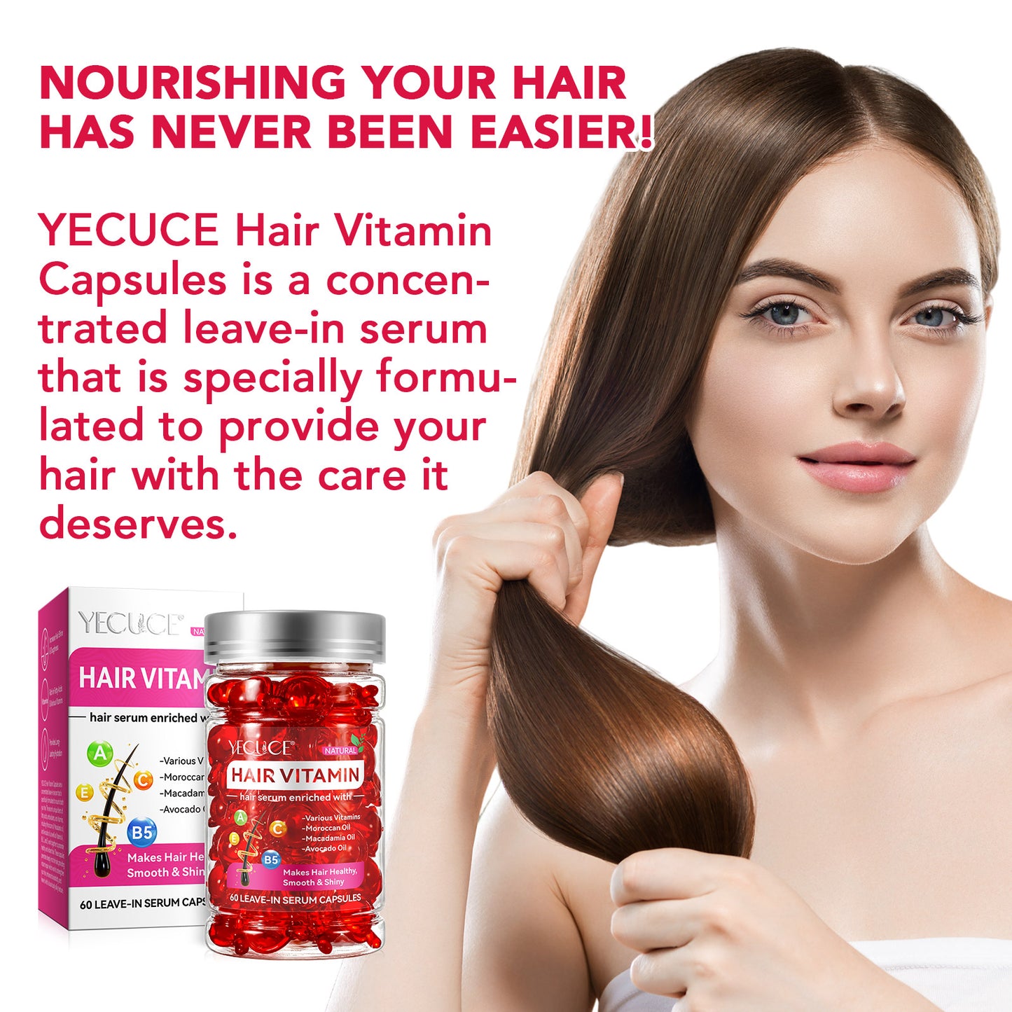 Yecuce Hair Treatment Serum 60PCS, Hair Vitamins Capsule, Hair Styling Serum for Frizzy & Dry Hair, Styling & Moisturizing Oil Capsules with Avocado Oils, Leave-in Anti Frizz Conditioner Capsules