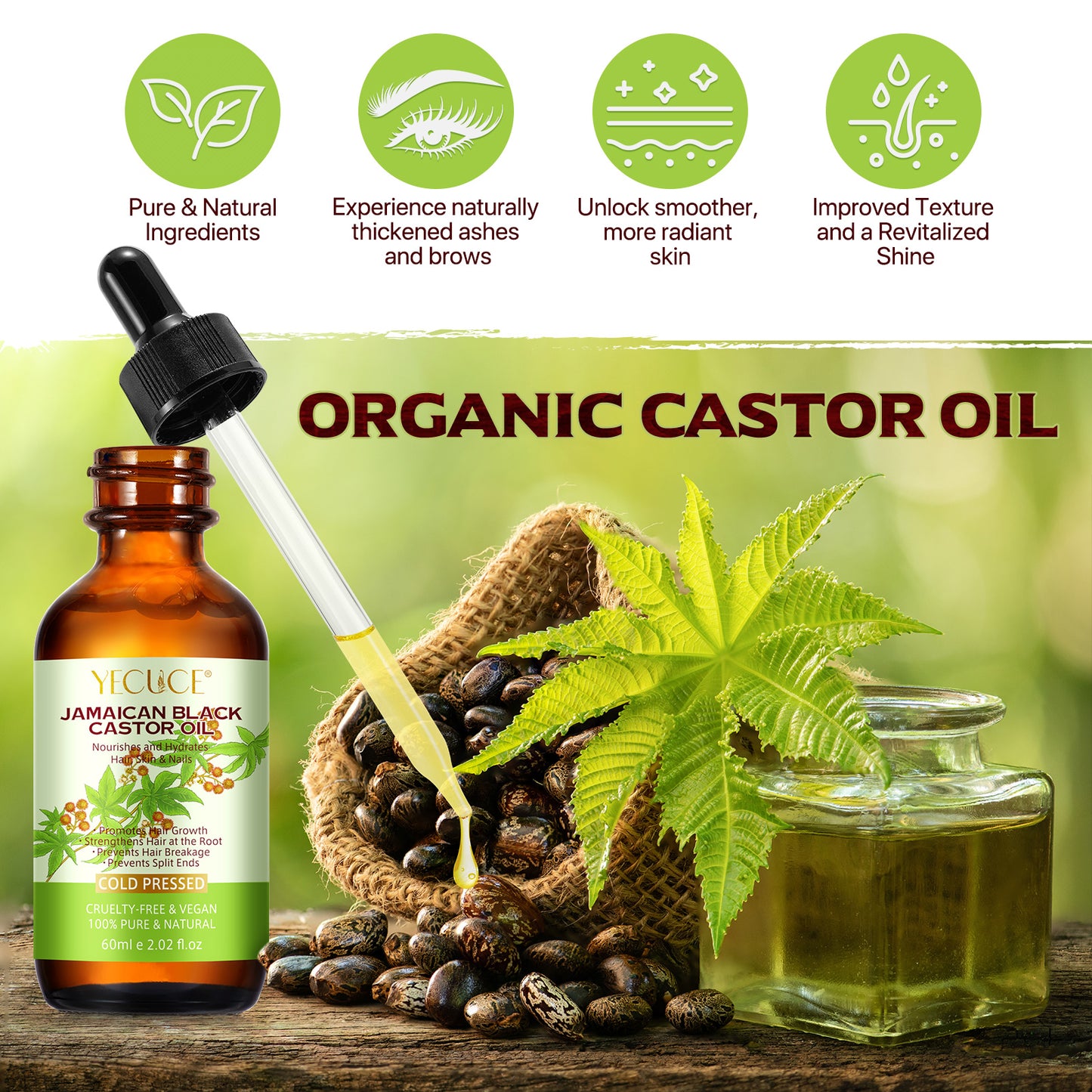 Yecuce Jamaican Black Castor Oil(2.02oz Glass Bottle), Organic Body Massage Oil, 100% Pure Natural Cold Pressed Castor Oil for Hair Growth, Body Care, Moisturizing Oil 60ml