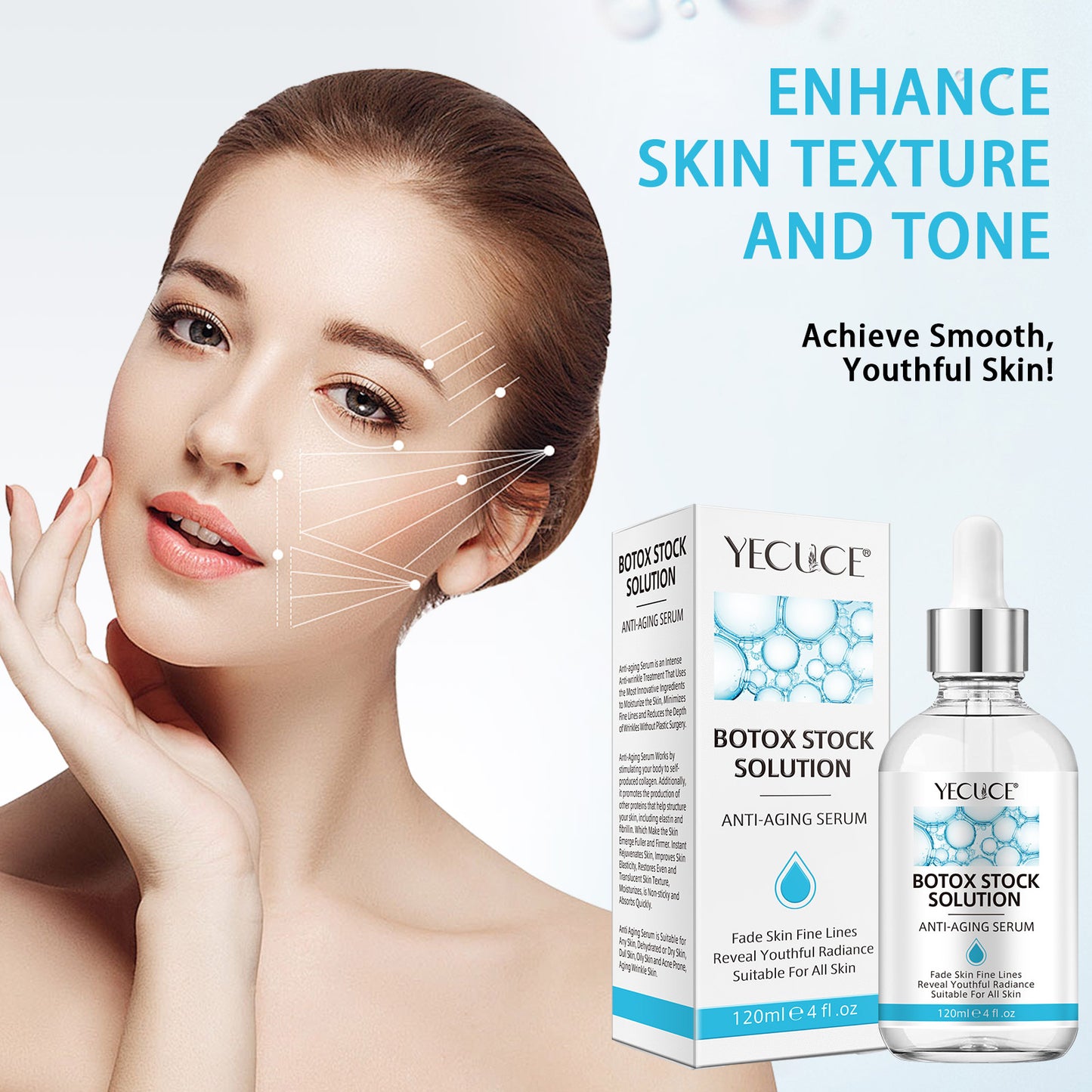 Yecuce Botox Face Serum, Botox Stock Solution Facial Serum with Vitamin C & Hyaluronic acid, Instant Face Lift & Anti Aging Collagen Serum - Reduce Fine Lines, Wrinkles,120ml