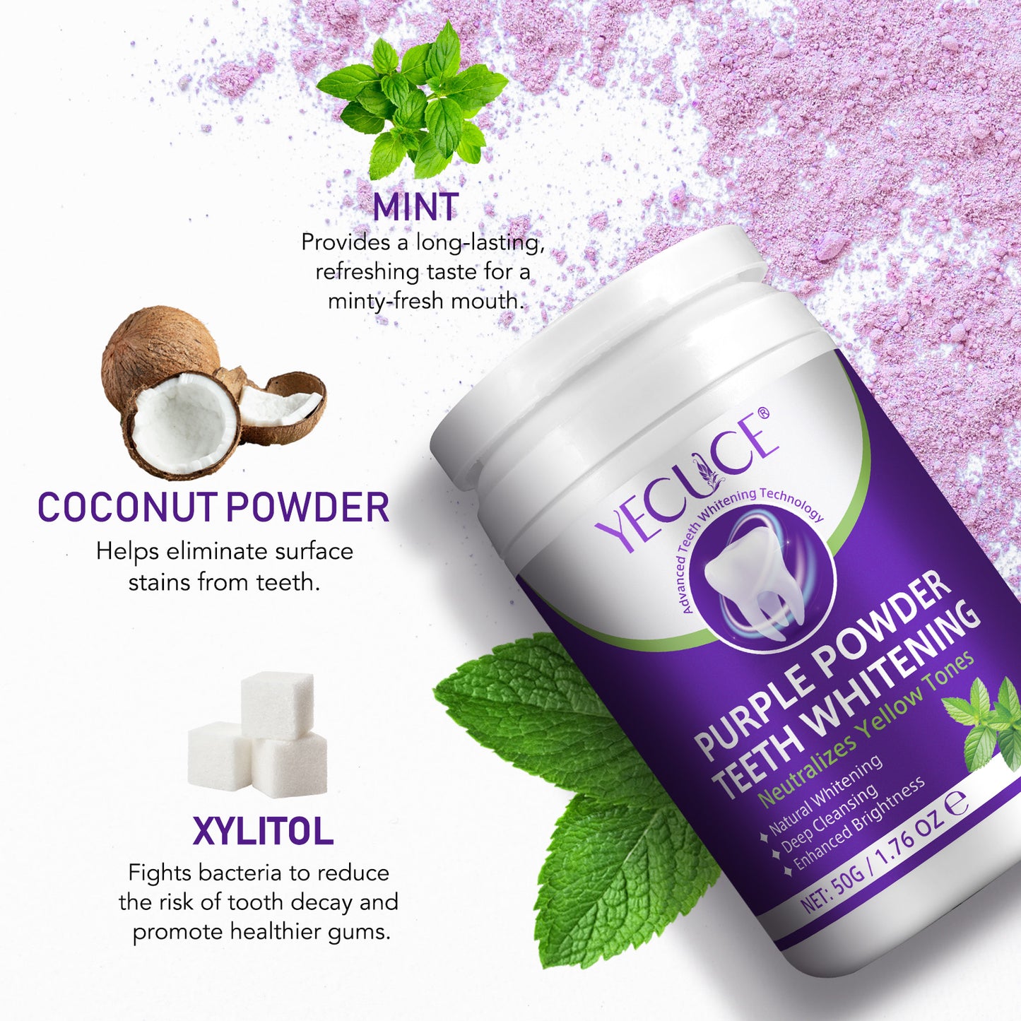 Yecuce Purple Teeth Whitening Powder for Removing Stains, Deep Cleansing, Freshening Breath | Fluoride-Free Enamel Safe, Remineralizing | Mint Flavor, 1.76 Oz/50 G