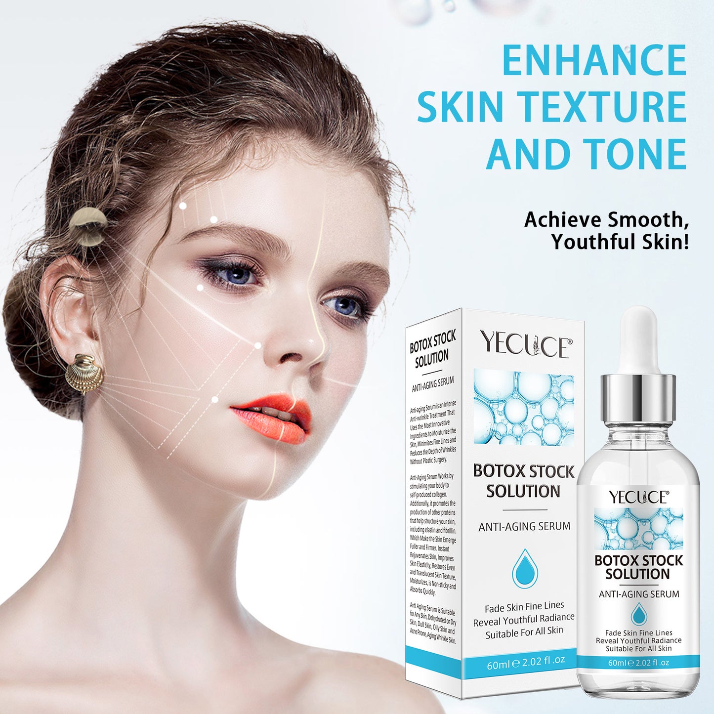 Yecuce Botox Face Serum, Botox Stock Solution Facial Serum with Vitamin C & Hyaluronic acid, Instant Face Lift & Anti Aging Collagen Serum - Reduce Fine Lines, Wrinkles,60ml