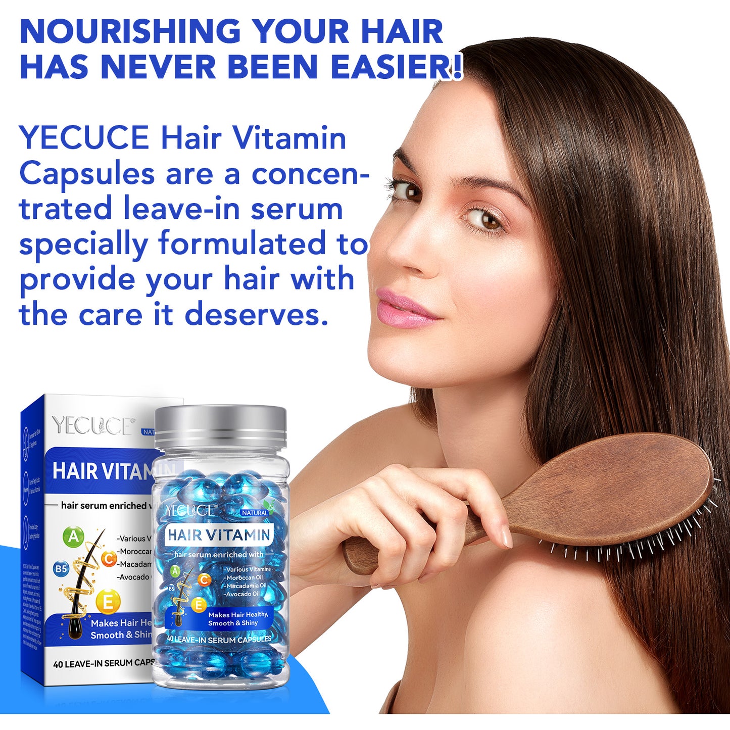 Yecuce Hair Treatment Serum 40PCS(Blue), Hair Vitamins Capsule, Hair Styling Serum for Frizzy & Dry Hair, Styling & Moisturizing Oil Capsules with Avocado Oils, Leave-in Anti Frizz Conditioner Capsules