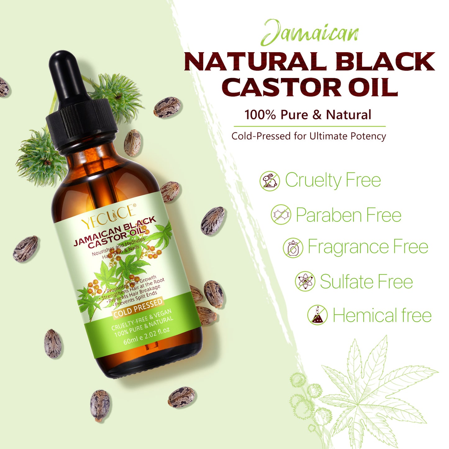 Yecuce Jamaican Black Castor Oil(2.02oz Glass Bottle), Organic Body Massage Oil, 100% Pure Natural Cold Pressed Castor Oil for Hair Growth, Body Care, Moisturizing Oil 60ml