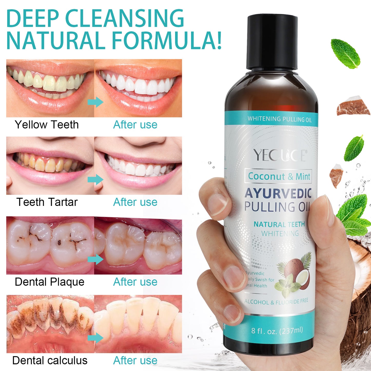 Yecuce Coconut Pulling Oil - Ayurvedic Mint Oil Pulling Mouthwash with Tongue Scraper | Natural Essential Oils for Fresh Breath, Teeth Whitening & Healthy Gums | Alcohol-Free 8 Fl. Oz