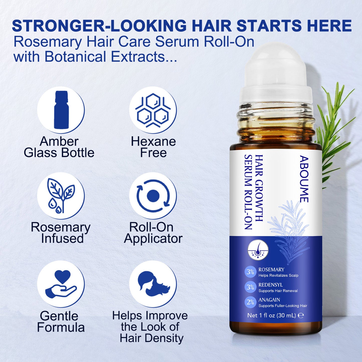 Hair Growth Serum Roll On, Hair Growth Serum Rosemary Oil Helps Hair Growth for Men and Women, Support Scalp Health, Fast-Absorbing, Non-Greasy (1PCS)
