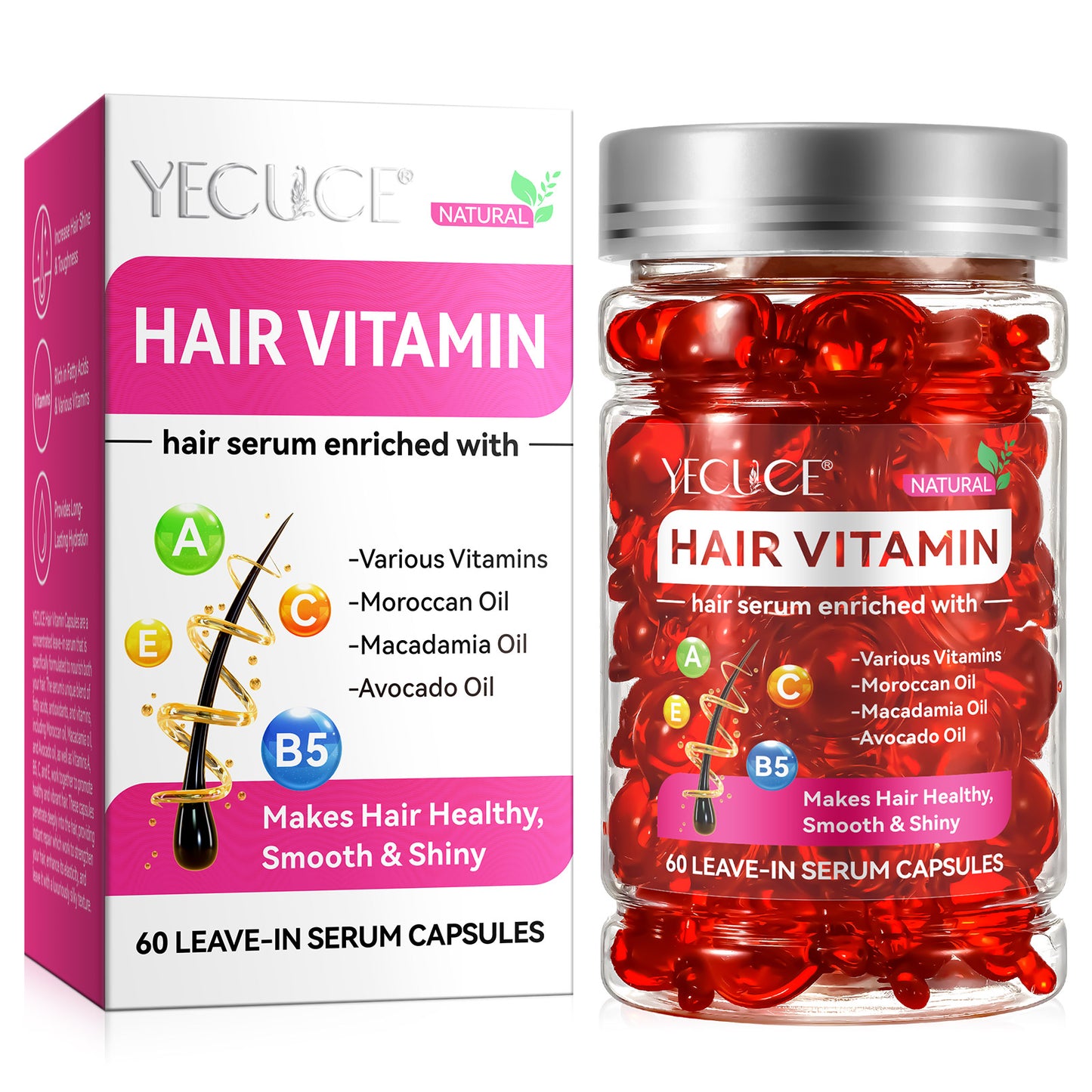 Yecuce Hair Treatment Serum 60PCS, Hair Vitamins Capsule, Hair Styling Serum for Frizzy & Dry Hair, Styling & Moisturizing Oil Capsules with Avocado Oils, Leave-in Anti Frizz Conditioner Capsules