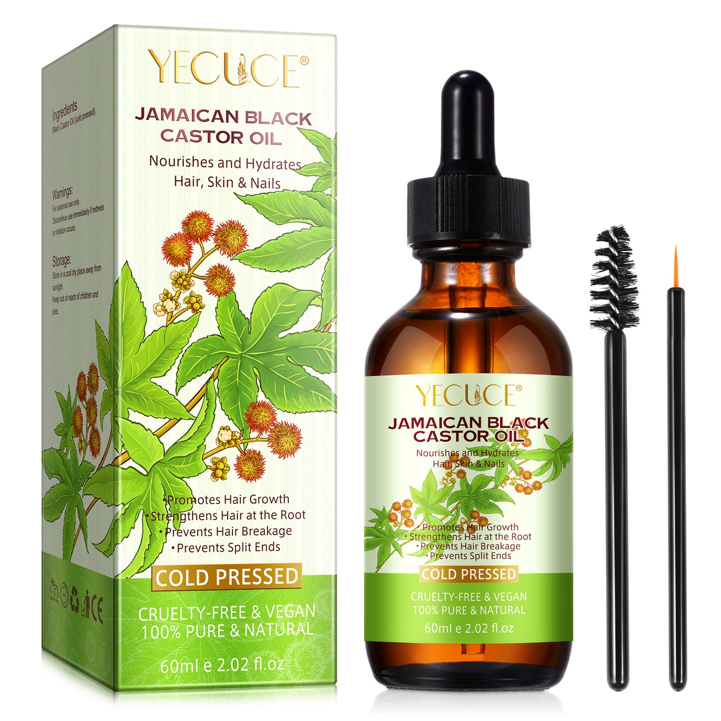 Yecuce Jamaican Black Castor Oil(2.02oz Glass Bottle), Organic Body Massage Oil, 100% Pure Natural Cold Pressed Castor Oil for Hair Growth, Body Care, Moisturizing Oil 60ml