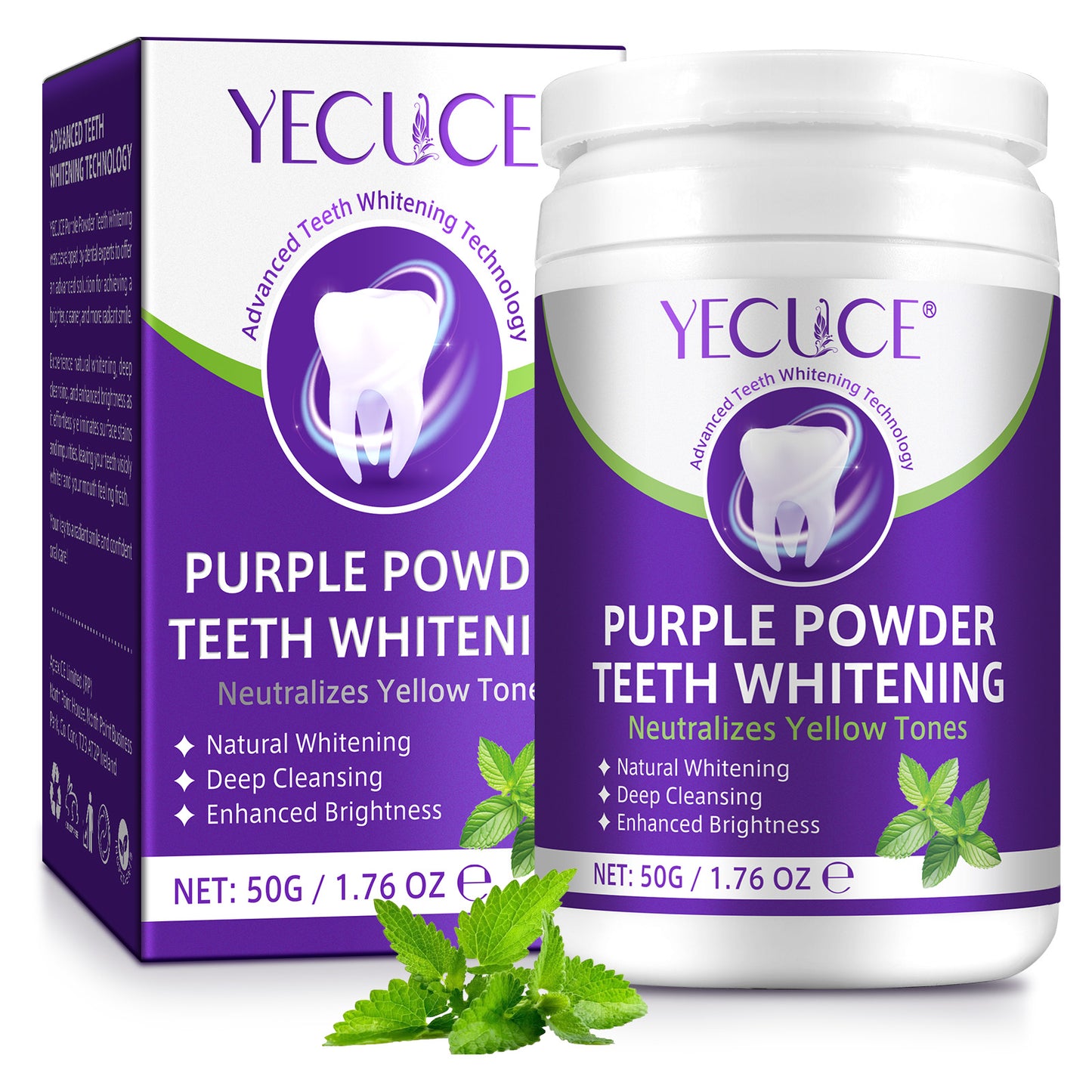 Yecuce Purple Teeth Whitening Powder for Removing Stains, Deep Cleansing, Freshening Breath | Fluoride-Free Enamel Safe, Remineralizing | Mint Flavor, 1.76 Oz/50 G