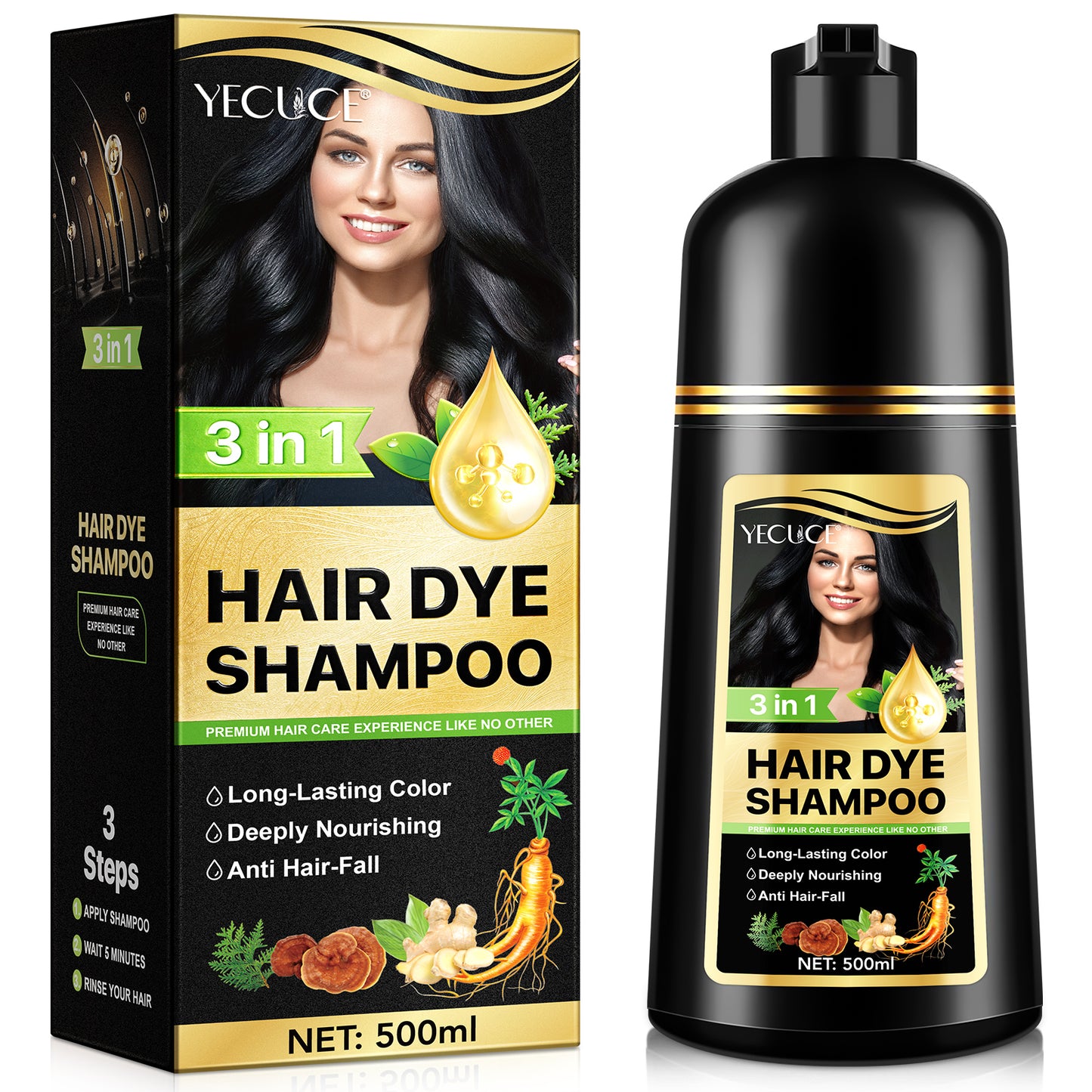 Yecuce Hair Dye 3-in-1 for Gray Hair Coverage - Herbal Color Shampoo for Women and Men, 500ml (Chestnut)