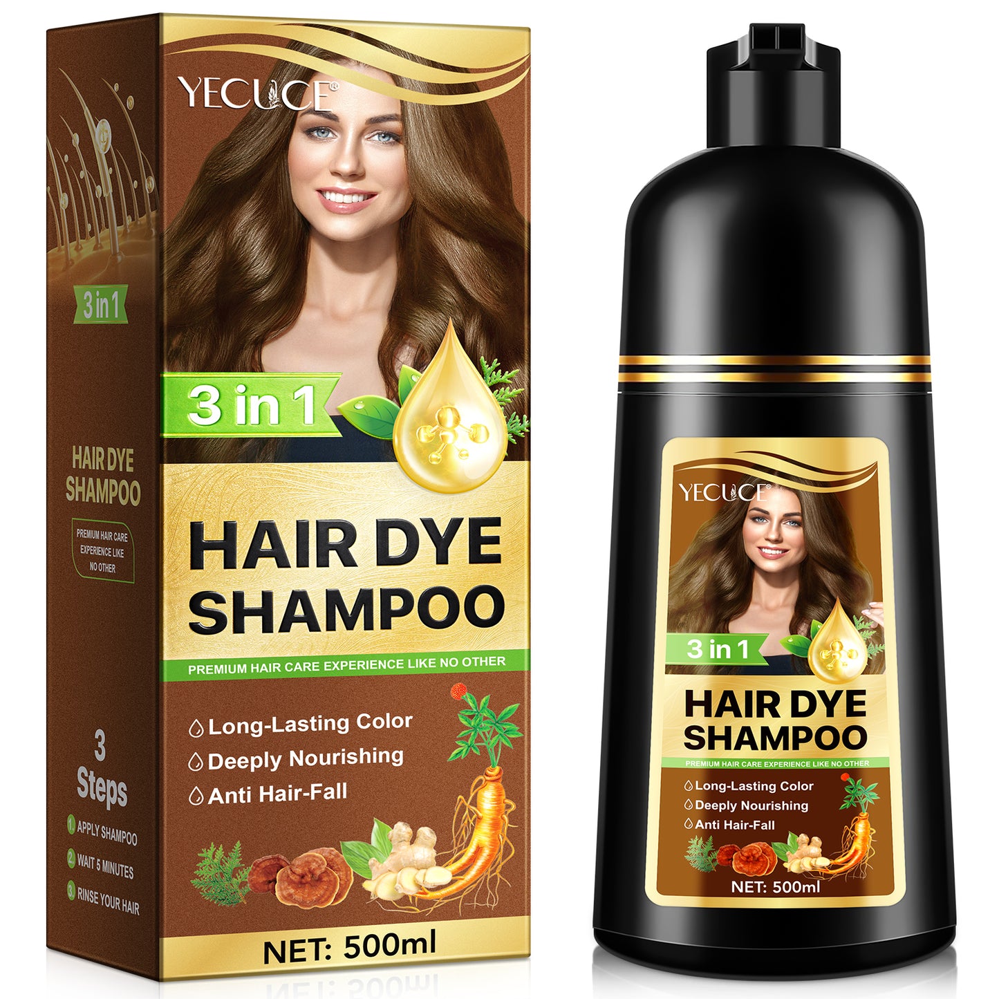 Yecuce Hair Dye 3-in-1 for Gray Hair Coverage - Herbal Color Shampoo for Women and Men, 500ml (Chestnut)