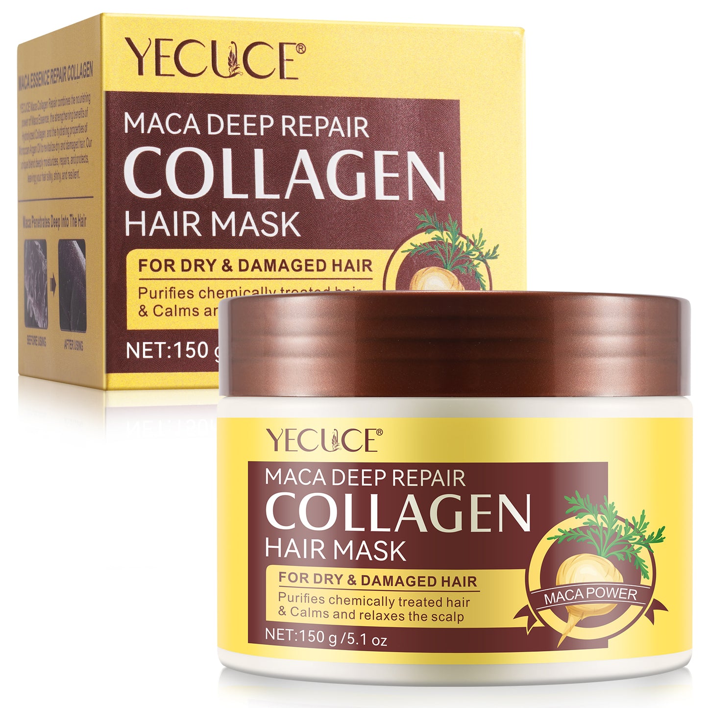 Yecuce Collagen Hair Mask, Collagen Hair Treatment for Dry Damaged Hair, Deep Repair Conditioner with Maca Essence, Hydrating and Moisturizes Hair - 150ml