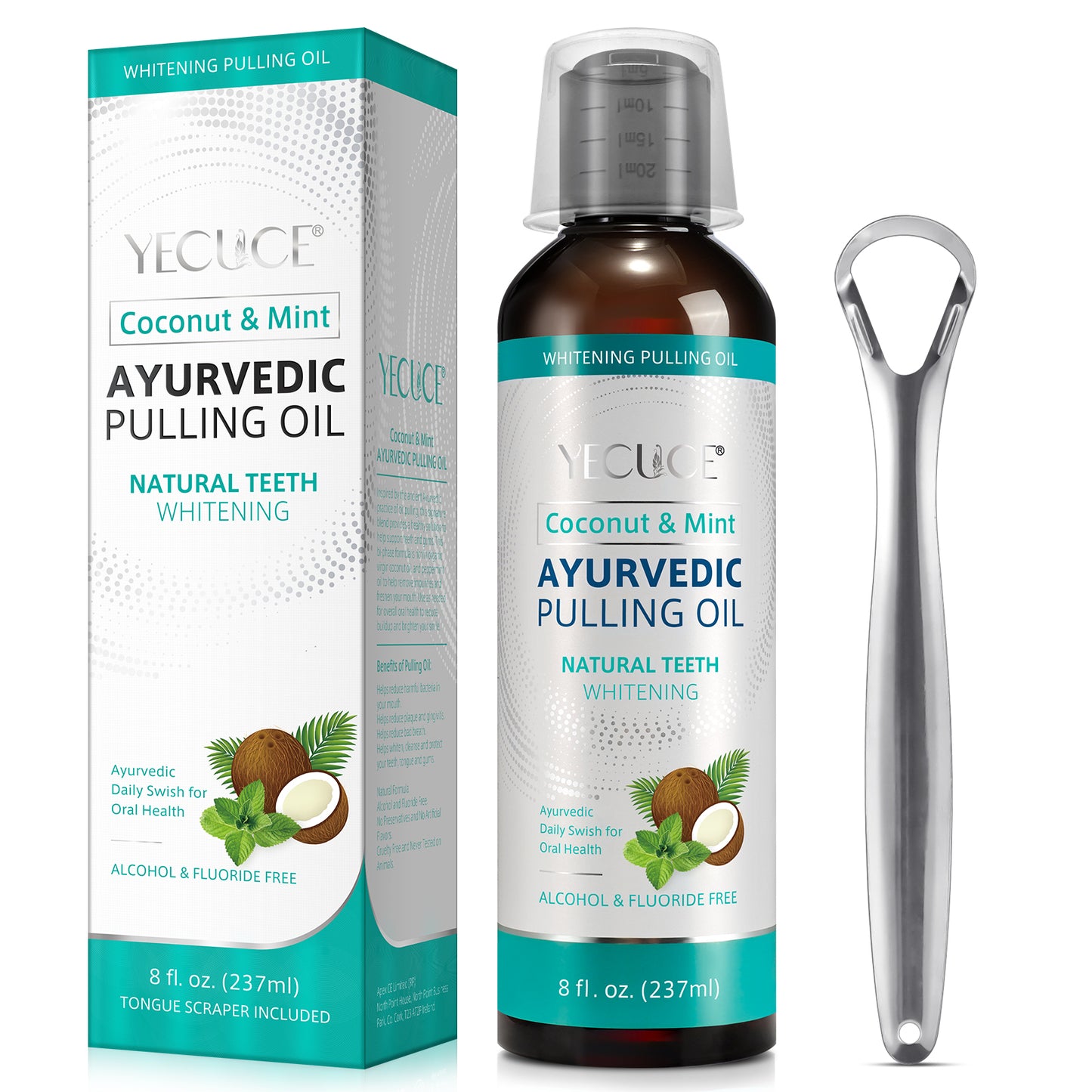 Yecuce Coconut Pulling Oil - Ayurvedic Mint Oil Pulling Mouthwash with Tongue Scraper | Natural Essential Oils for Fresh Breath, Teeth Whitening & Healthy Gums | Alcohol-Free 8 Fl. Oz