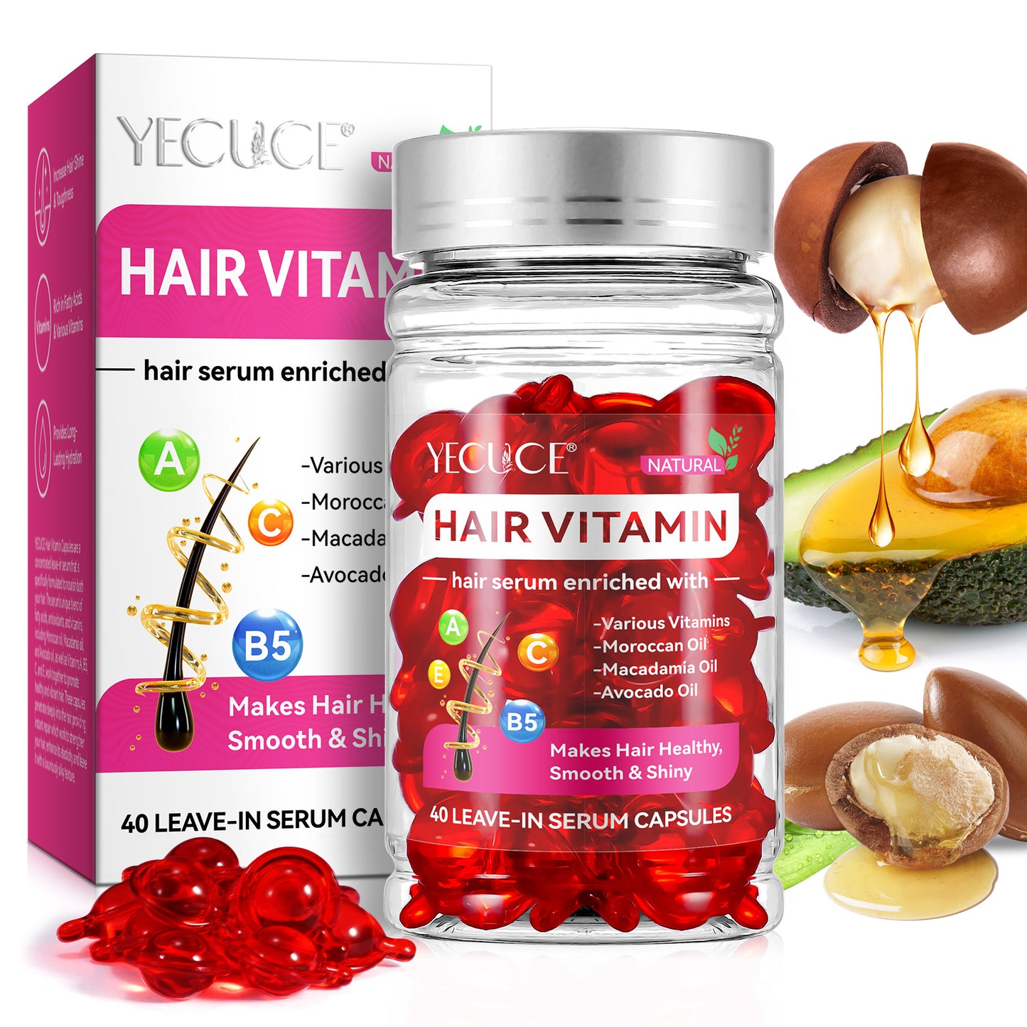 Yecuce Hair Treatment Serum 40PCS, Hair Vitamins Capsule, Hair Styling Serum for Frizzy & Dry Hair, Styling & Moisturizing Oil Capsules with Avocado Oils, Leave-in Anti Frizz Conditioner Capsules