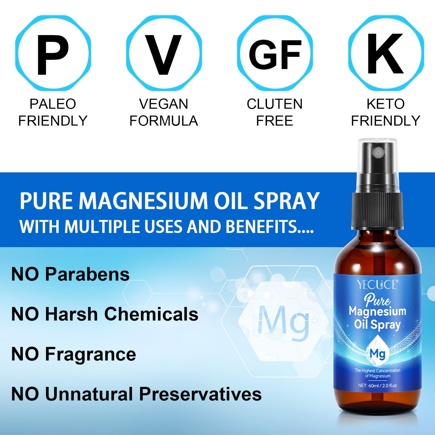 Yecuce 60ml Pure Magnesium Oil Spray - Non-GMO, Gluten-Free - Easy to Absorb - High Concentration Magnesium - Pure, Natural, Organic