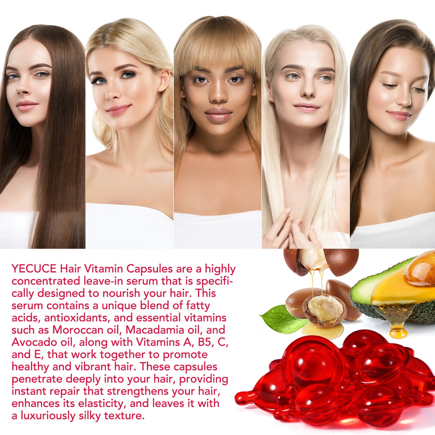 Yecuce Hair Treatment Serum 40PCS, Hair Vitamins Capsule, Hair Styling Serum for Frizzy & Dry Hair, Styling & Moisturizing Oil Capsules with Avocado Oils, Leave-in Anti Frizz Conditioner Capsules