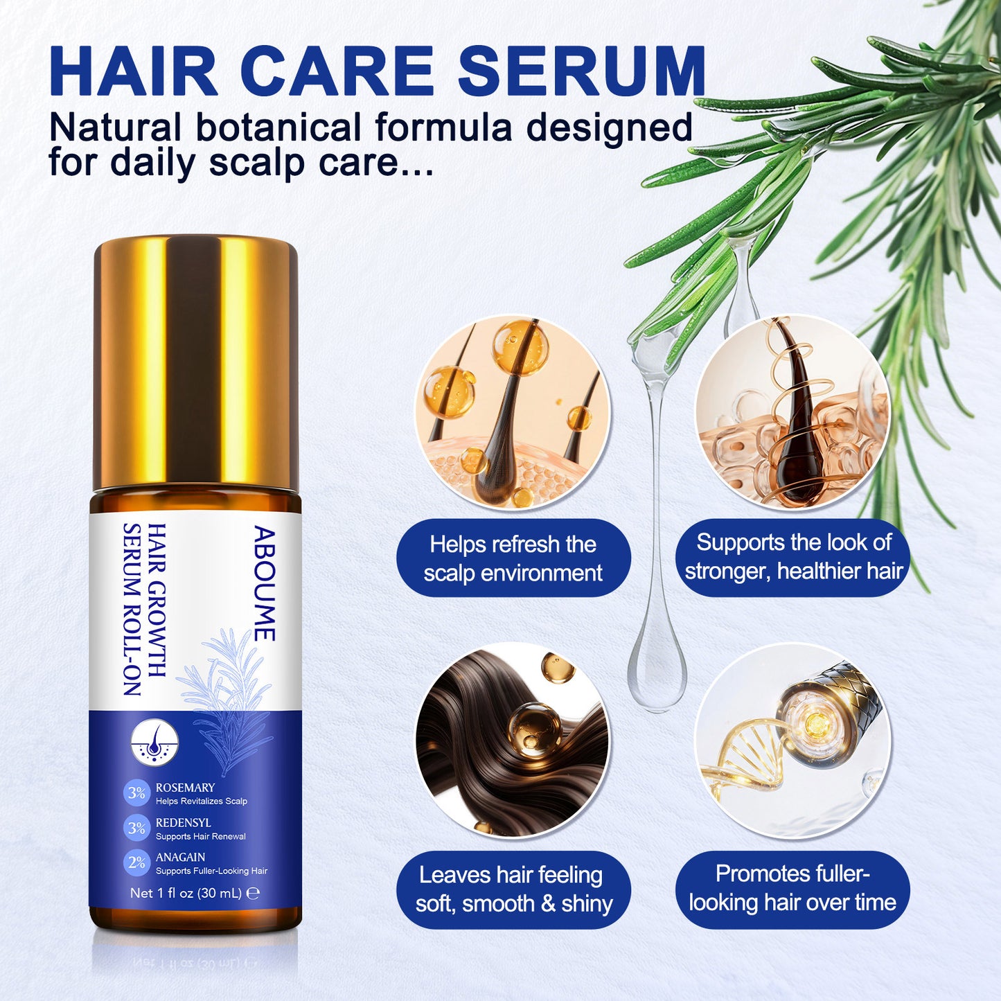 Hair Growth Serum Roll On, Hair Growth Serum Rosemary Oil Helps Hair Growth for Men and Women, Support Scalp Health, Fast-Absorbing, Non-Greasy (1PCS)