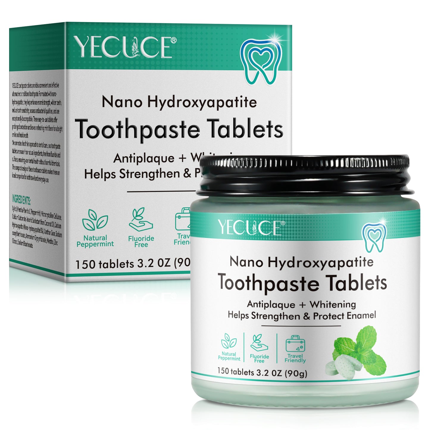 Yecuce Toothpaste Tablets 150PCS, Fluoride Free Toothpaste Tabs, Antiplaque Whitening Toothpaste Tablets, Sensitive Toothpaste Bites for Kids and Adults, Chewable Toothpaste Tablet, Travel Mouthwash Tablets