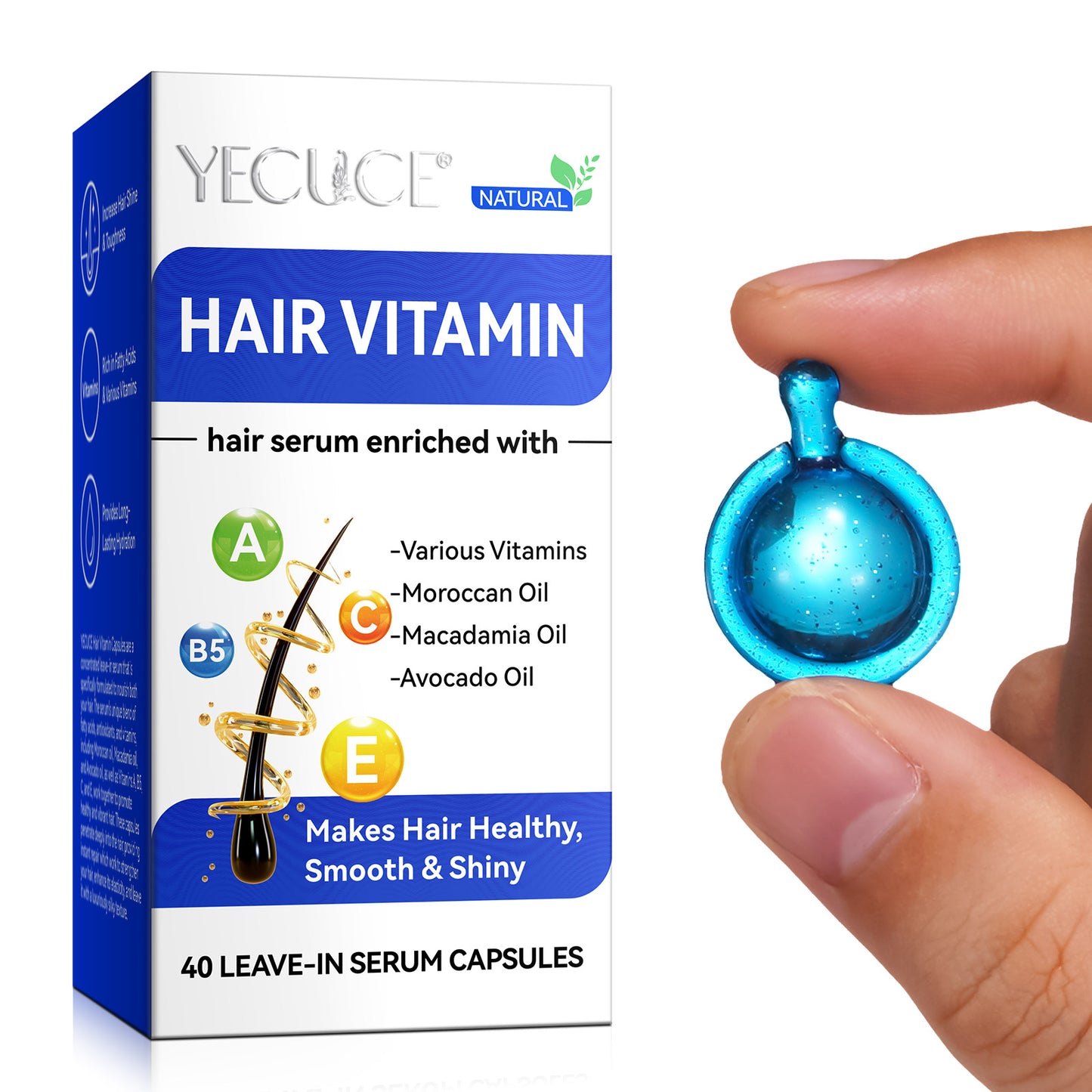 Yecuce Hair Treatment Serum 40PCS(Blue), Hair Vitamins Capsule, Hair Styling Serum for Frizzy & Dry Hair, Styling & Moisturizing Oil Capsules with Avocado Oils, Leave-in Anti Frizz Conditioner Capsules