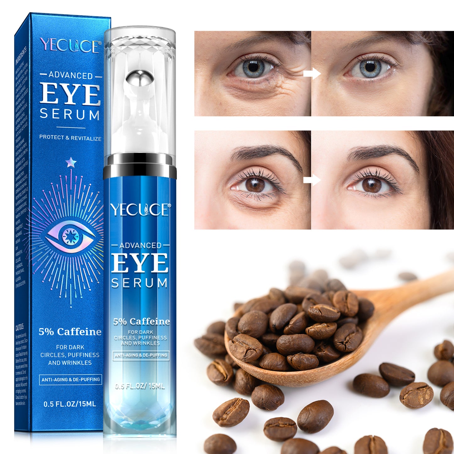 Yecuce 5% Caffeine Eye Serum Anti Aging,Under Eye Roller Serum Reduce Dark Circles, Puffiness, Fine Lines, Wrinkles 360° Massage Ball Eye Treatment Serum Eye Balm for Late Nights, Overtime