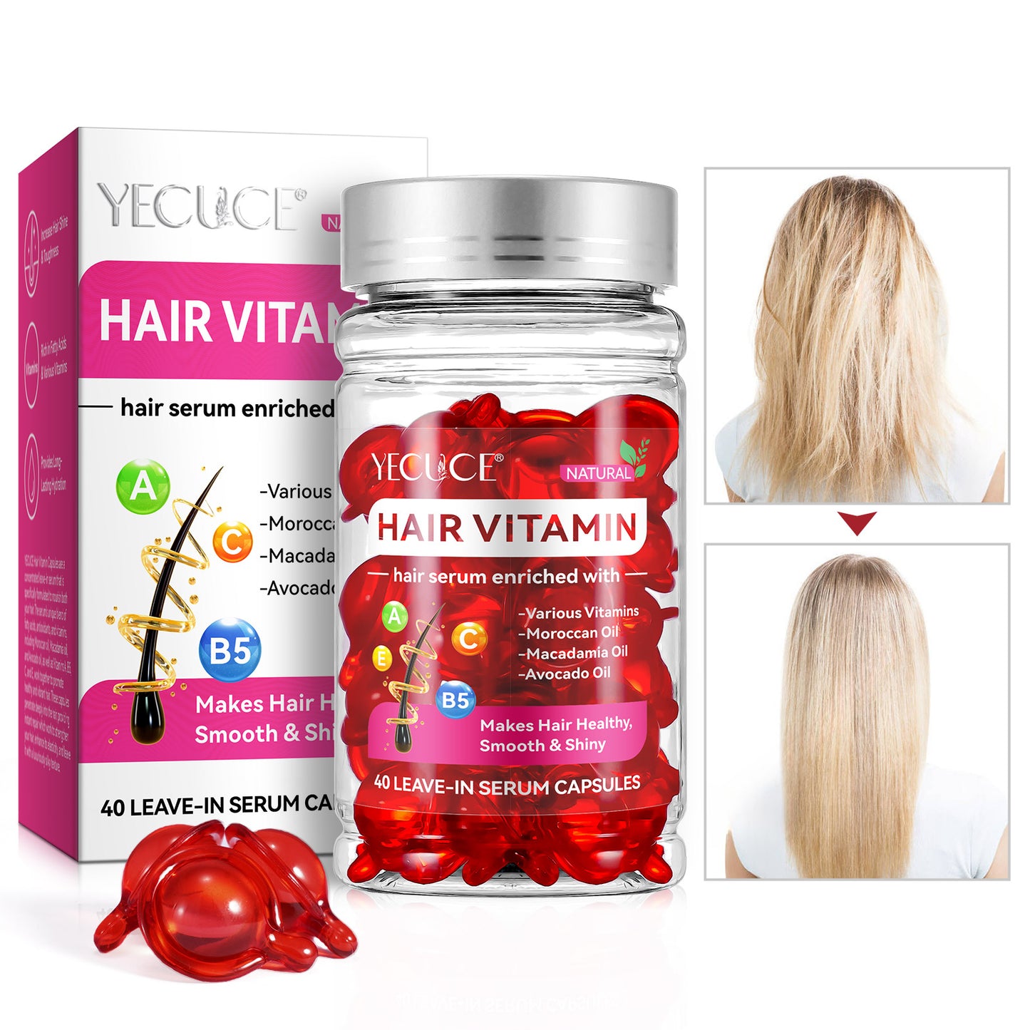 Yecuce Hair Treatment Serum 40PCS, Hair Vitamins Capsule, Hair Styling Serum for Frizzy & Dry Hair, Styling & Moisturizing Oil Capsules with Avocado Oils, Leave-in Anti Frizz Conditioner Capsules