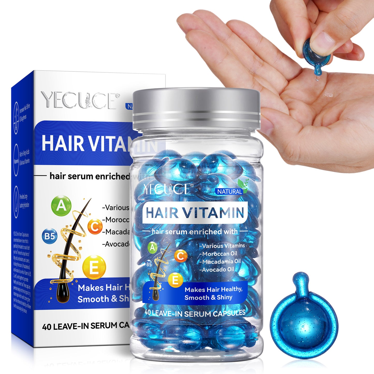 Yecuce Hair Treatment Serum 40PCS(Blue), Hair Vitamins Capsule, Hair Styling Serum for Frizzy & Dry Hair, Styling & Moisturizing Oil Capsules with Avocado Oils, Leave-in Anti Frizz Conditioner Capsules