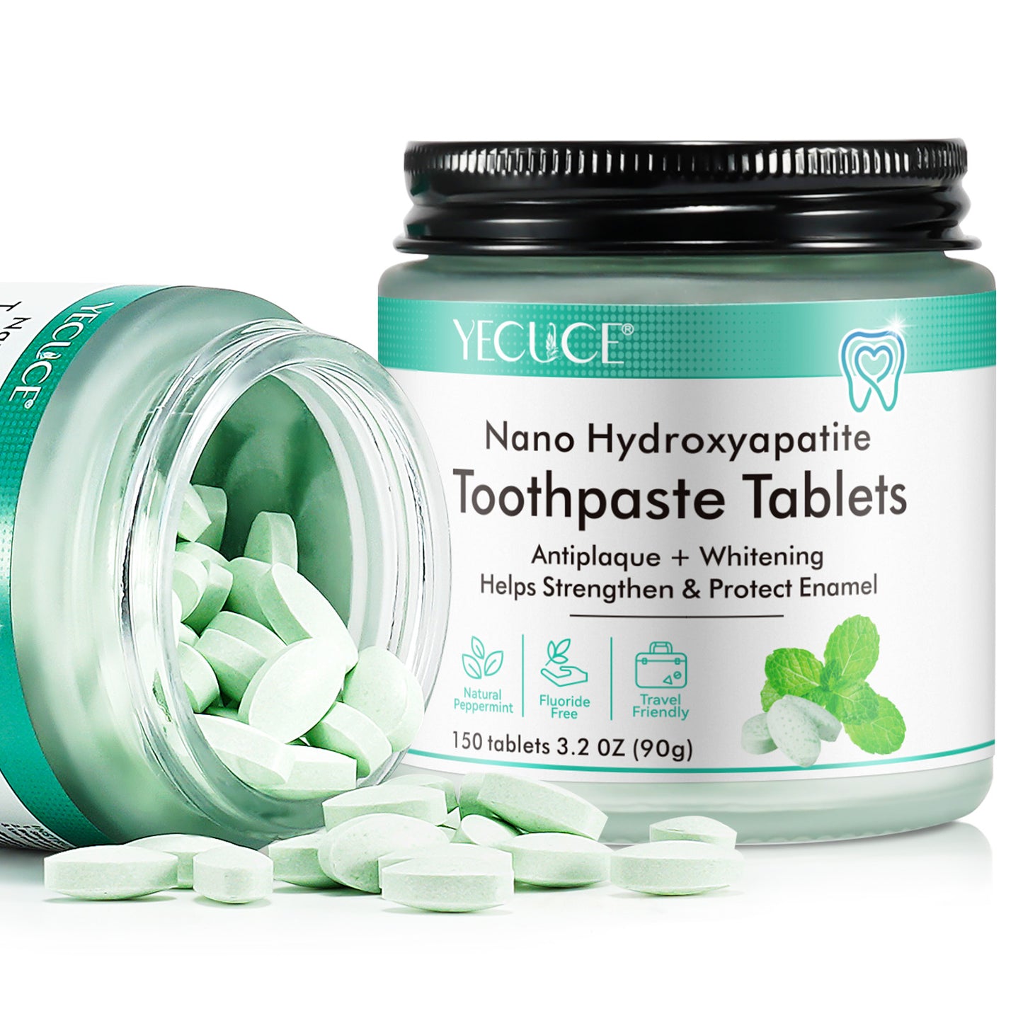 Yecuce Toothpaste Tablets 150PCS, Fluoride Free Toothpaste Tabs, Antiplaque Whitening Toothpaste Tablets, Sensitive Toothpaste Bites for Kids and Adults, Chewable Toothpaste Tablet, Travel Mouthwash Tablets