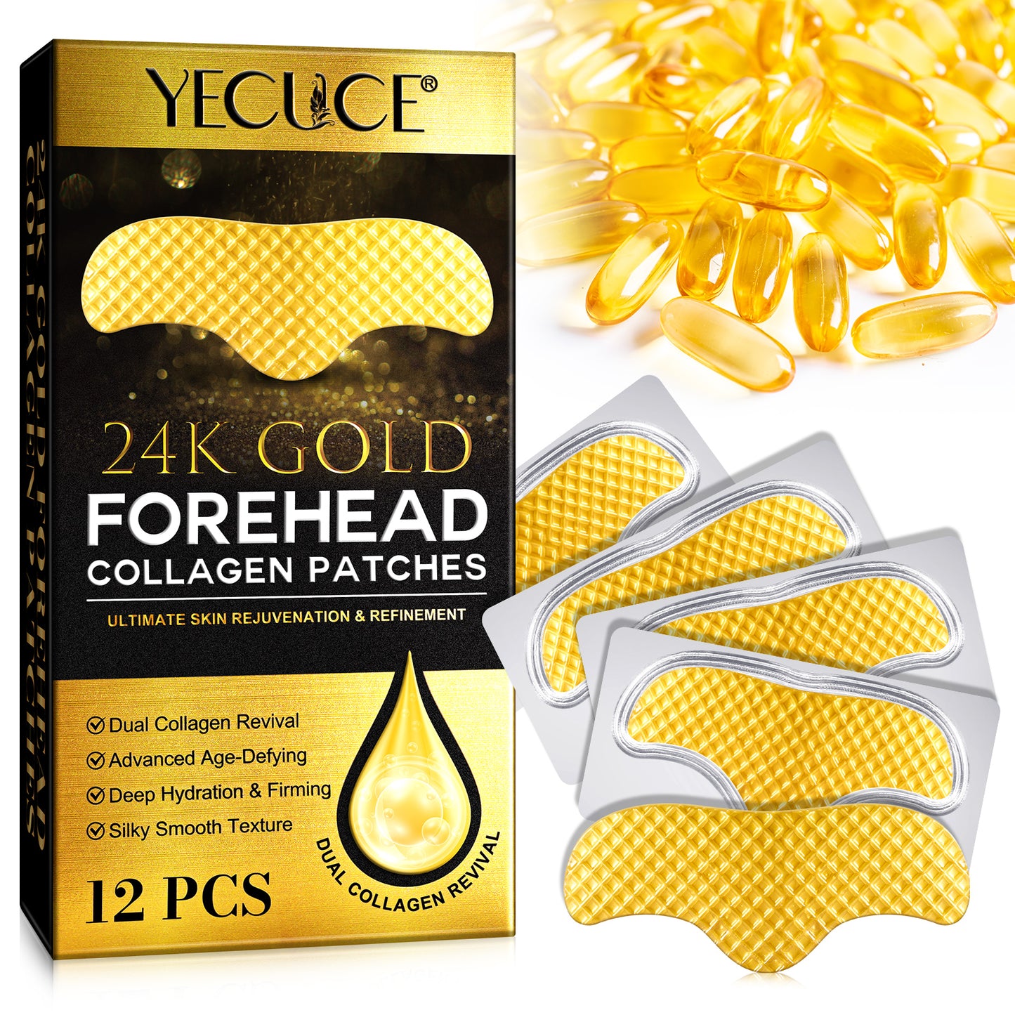 Yecuce 24K Gold Forehead Wrinkle Patches Collagen 12pcs - Deeping Hydrating & Firming - Silky Smooth Texture -Anti Wrinkle Treatment -Dual Collagen Revival