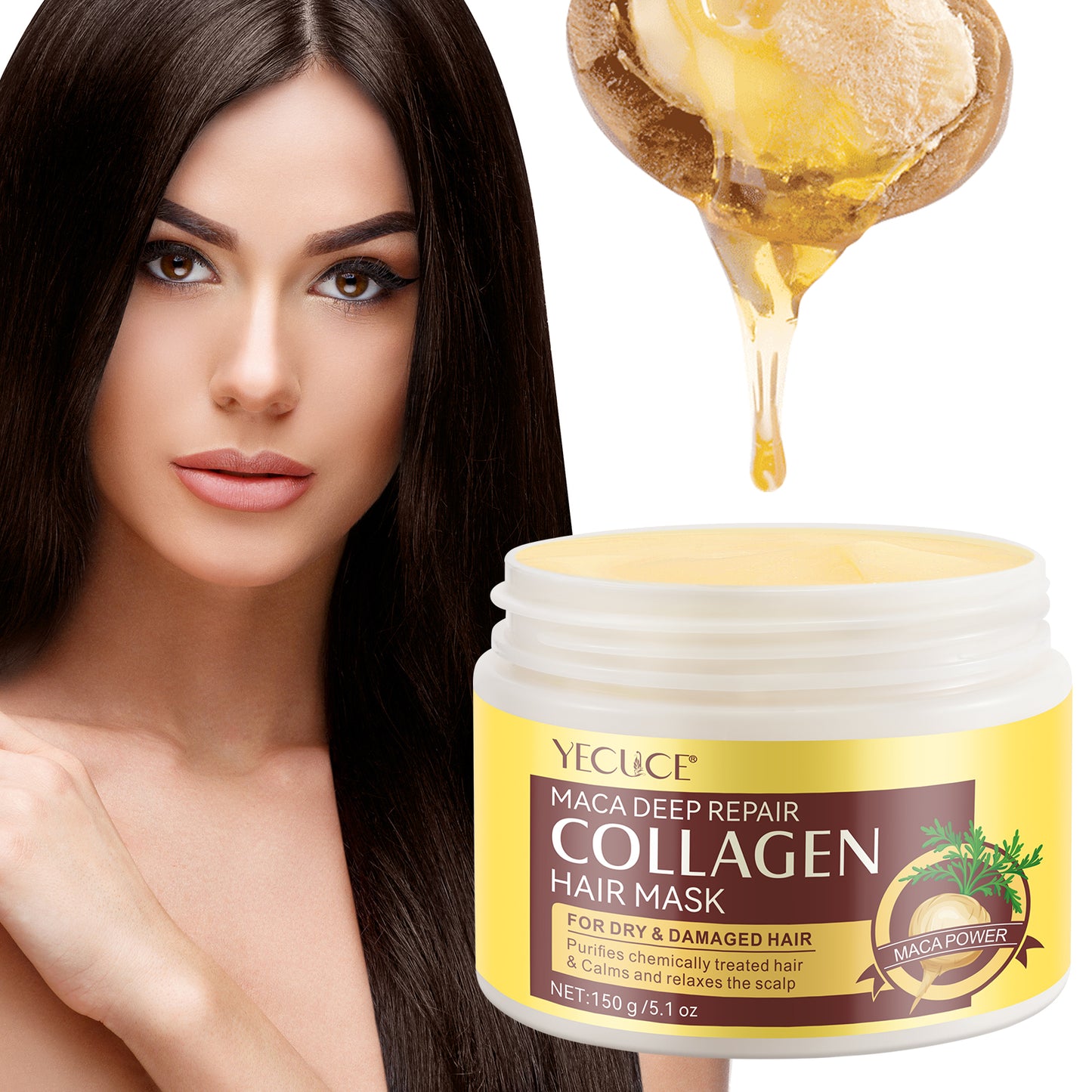 Yecuce Collagen Hair Mask, Collagen Hair Treatment for Dry Damaged Hair, Deep Repair Conditioner with Maca Essence, Hydrating and Moisturizes Hair - 150ml