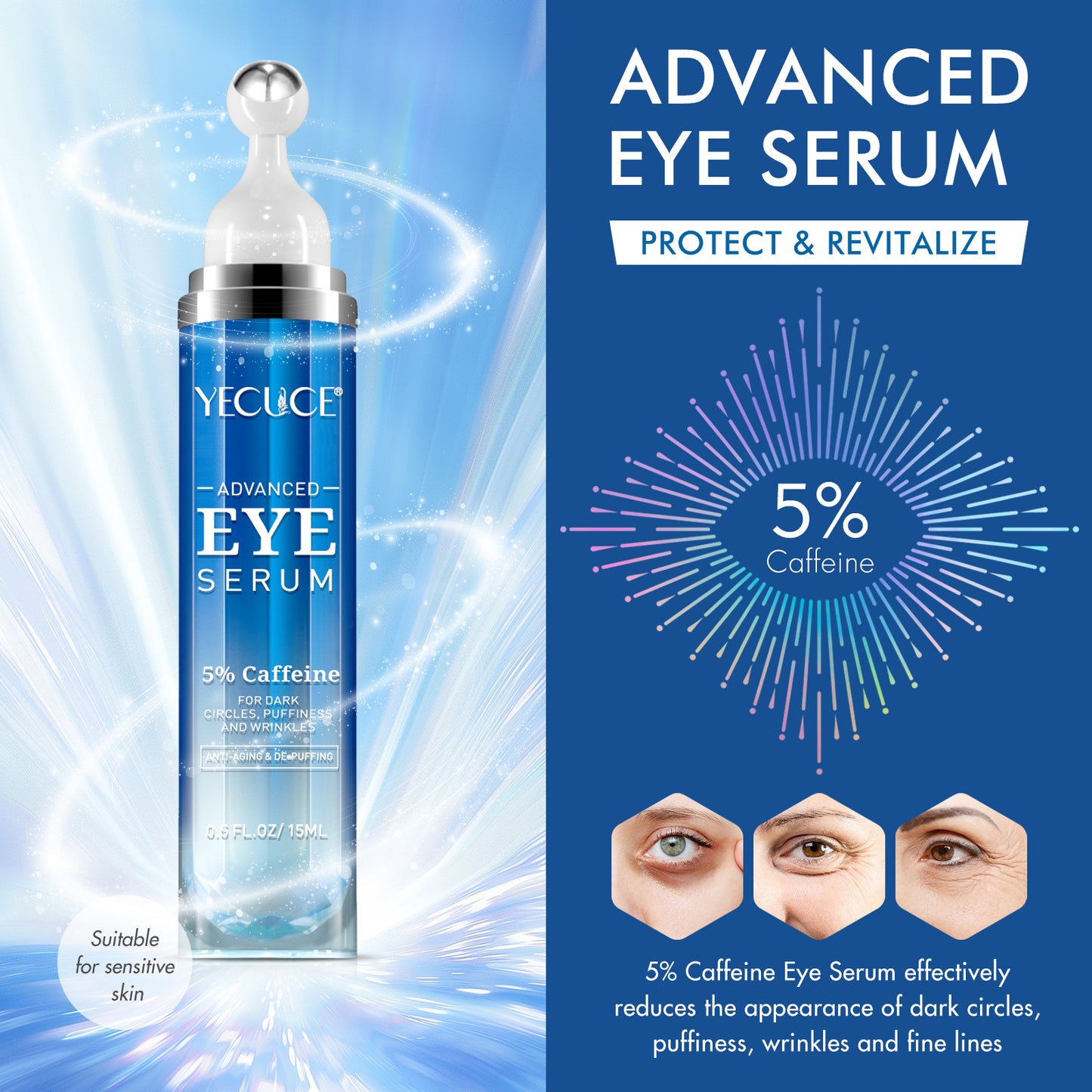 Yecuce 5% Caffeine Eye Serum Anti Aging,Under Eye Roller Serum Reduce Dark Circles, Puffiness, Fine Lines, Wrinkles 360° Massage Ball Eye Treatment Serum Eye Balm for Late Nights, Overtime