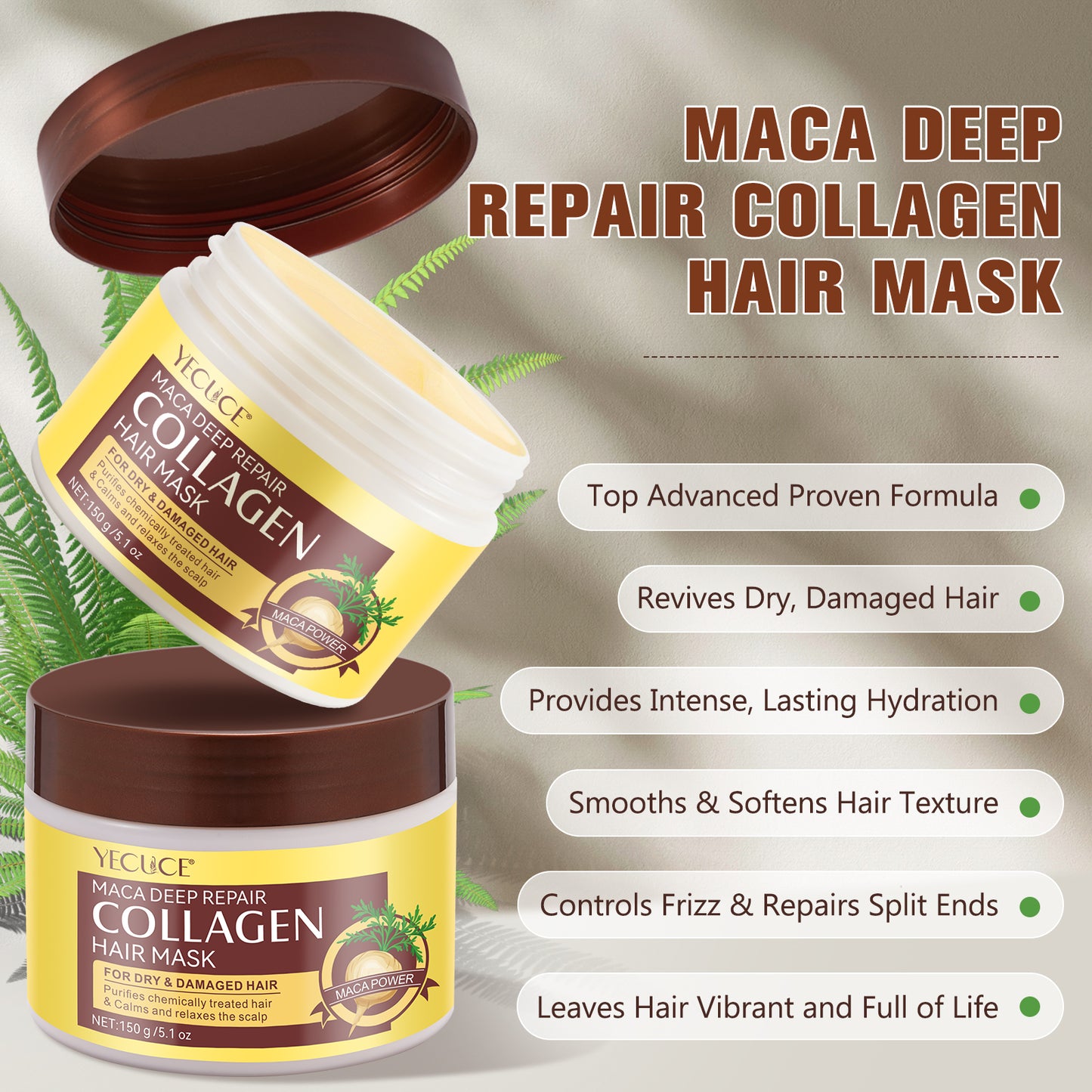 Yecuce Collagen Hair Mask, Collagen Hair Treatment for Dry Damaged Hair, Deep Repair Conditioner with Maca Essence, Hydrating and Moisturizes Hair - 150ml