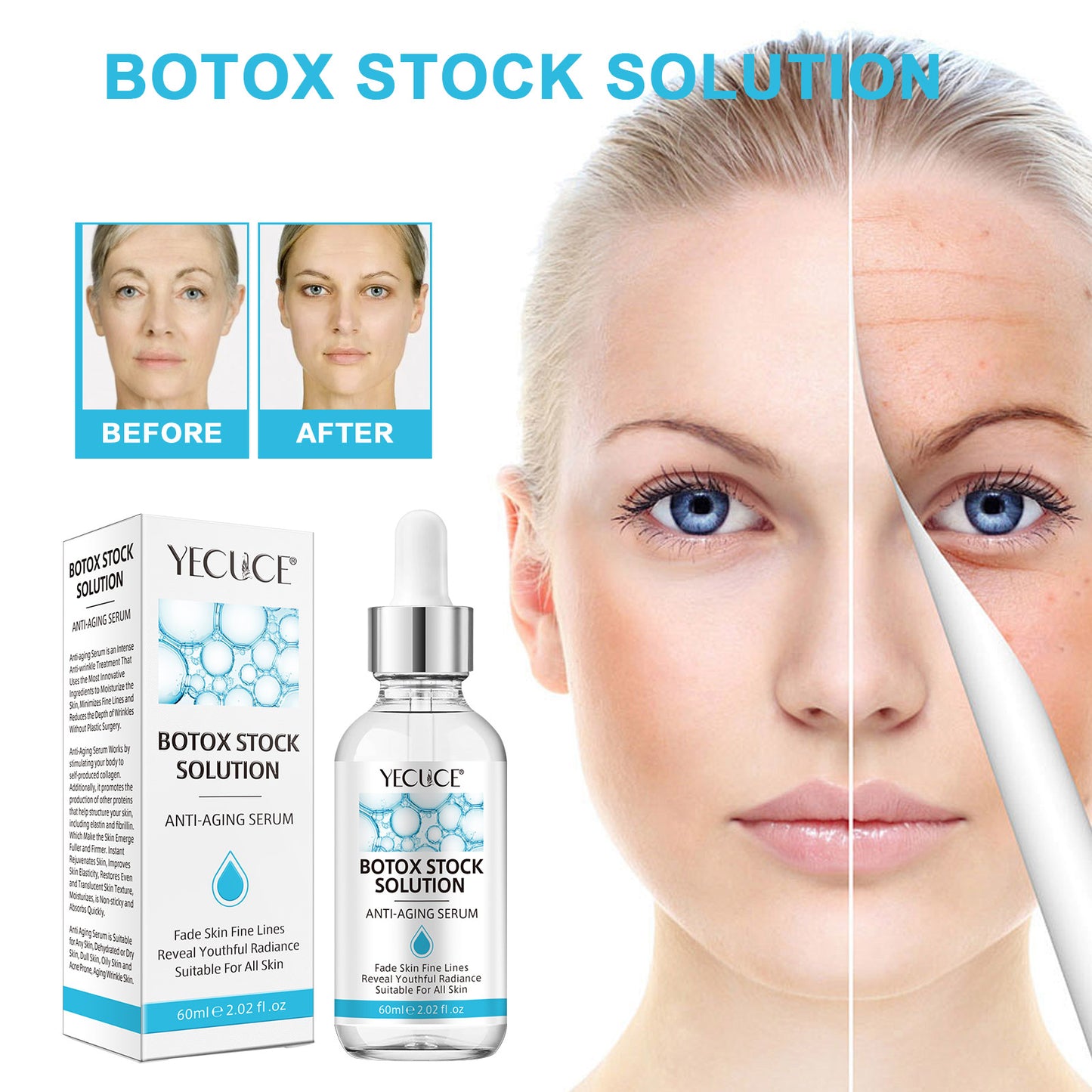 Yecuce Botox Face Serum, Botox Stock Solution Facial Serum with Vitamin C & Hyaluronic acid, Instant Face Lift & Anti Aging Collagen Serum - Reduce Fine Lines, Wrinkles,60ml