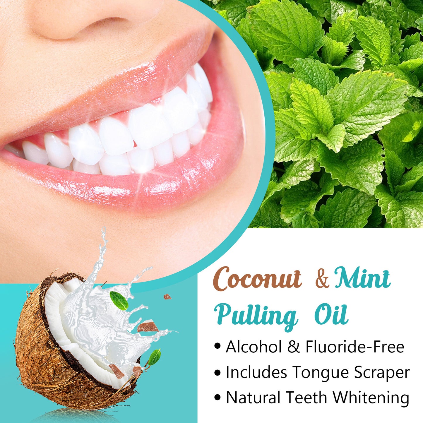 Yecuce Coconut Pulling Oil - Ayurvedic Mint Oil Pulling Mouthwash with Tongue Scraper | Natural Essential Oils for Fresh Breath, Teeth Whitening & Healthy Gums | Alcohol-Free 8 Fl. Oz