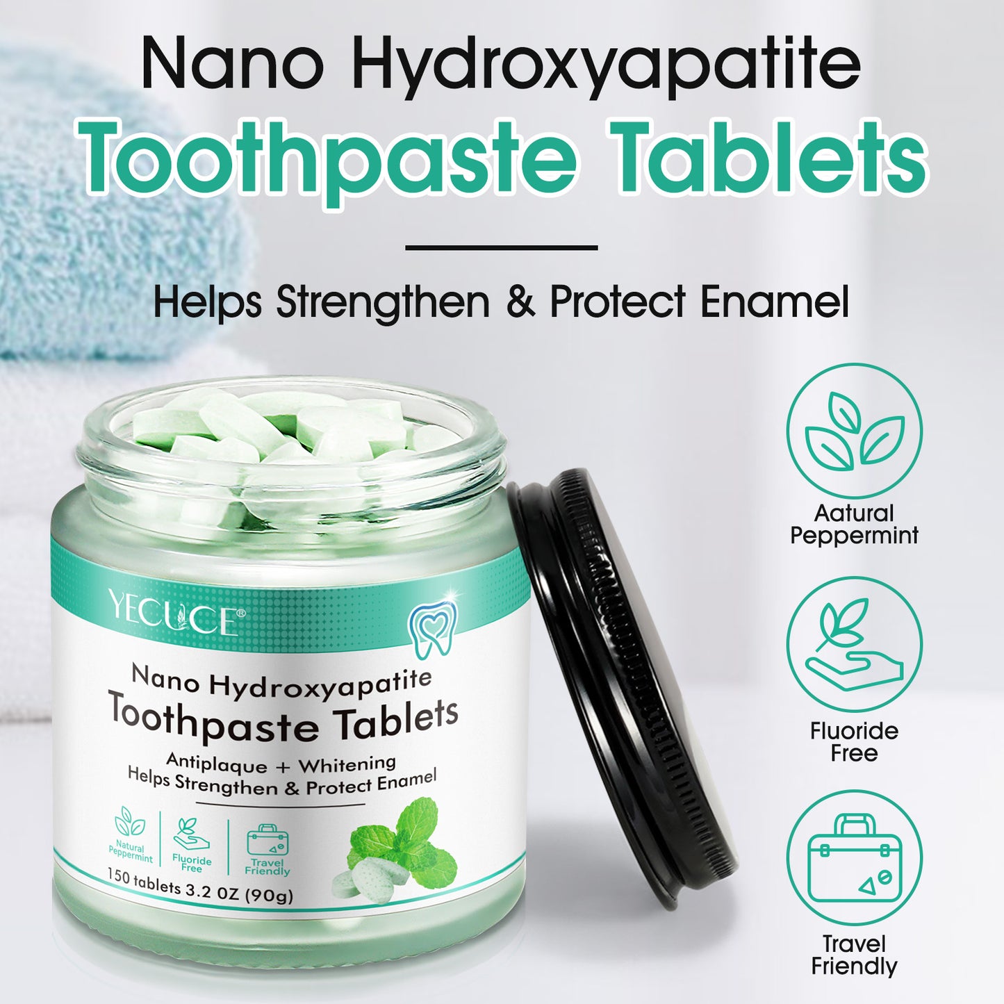 Yecuce Toothpaste Tablets 150PCS, Fluoride Free Toothpaste Tabs, Antiplaque Whitening Toothpaste Tablets, Sensitive Toothpaste Bites for Kids and Adults, Chewable Toothpaste Tablet, Travel Mouthwash Tablets