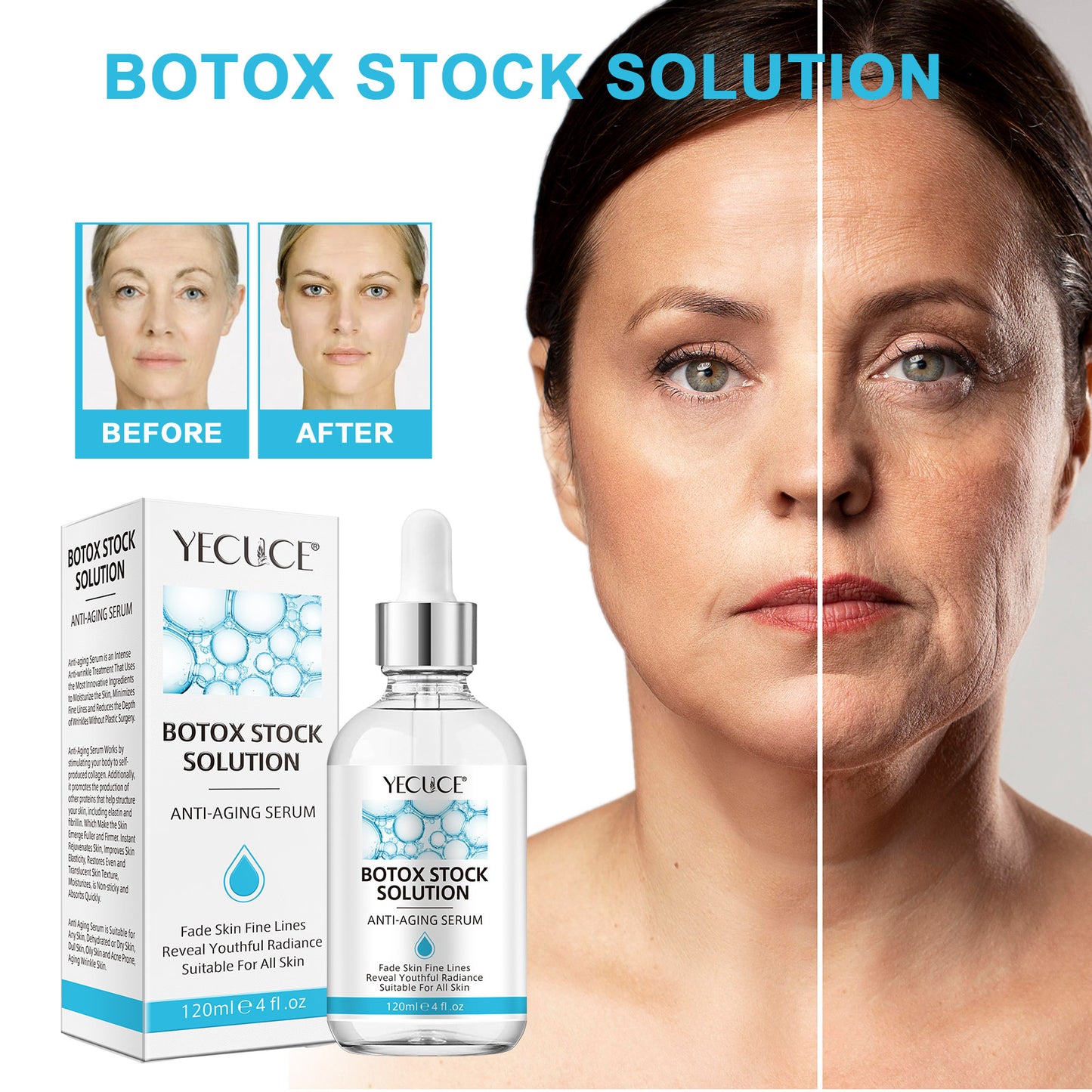 Yecuce Botox Face Serum, Botox Stock Solution Facial Serum with Vitamin C & Hyaluronic acid, Instant Face Lift & Anti Aging Collagen Serum - Reduce Fine Lines, Wrinkles,120ml